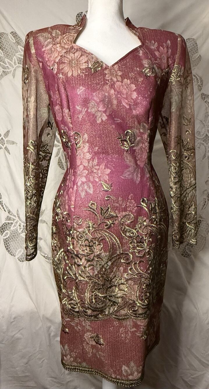 Max Nugus Haute Couture Vintage Metallic Gold Embroidered Floral Dress L